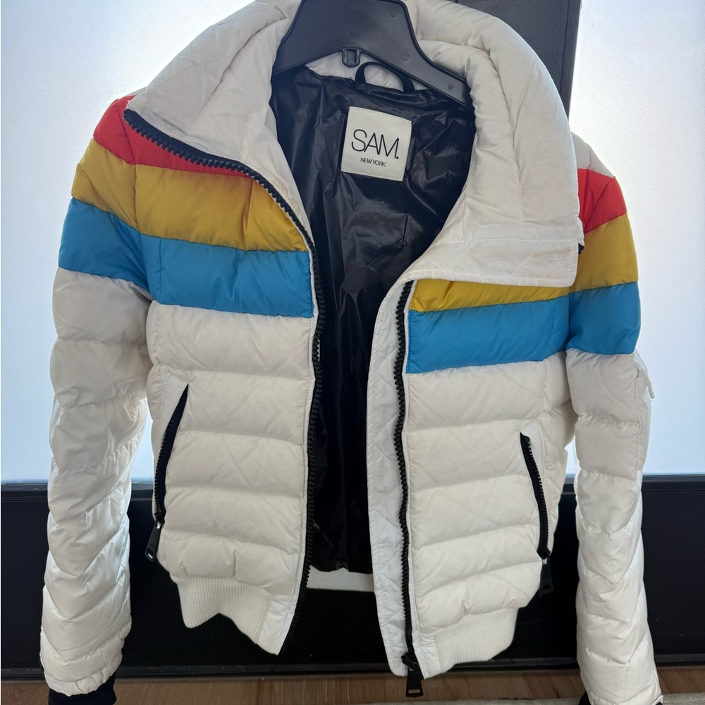 SM New York Men's White Puffer Jacket with Colorful Stripes